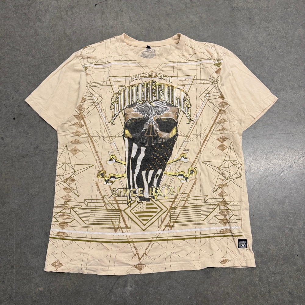 Southpole Mens XL Tan Graphic T-Shirt Y2K Streetwear Cotton Short Sleeve Tee